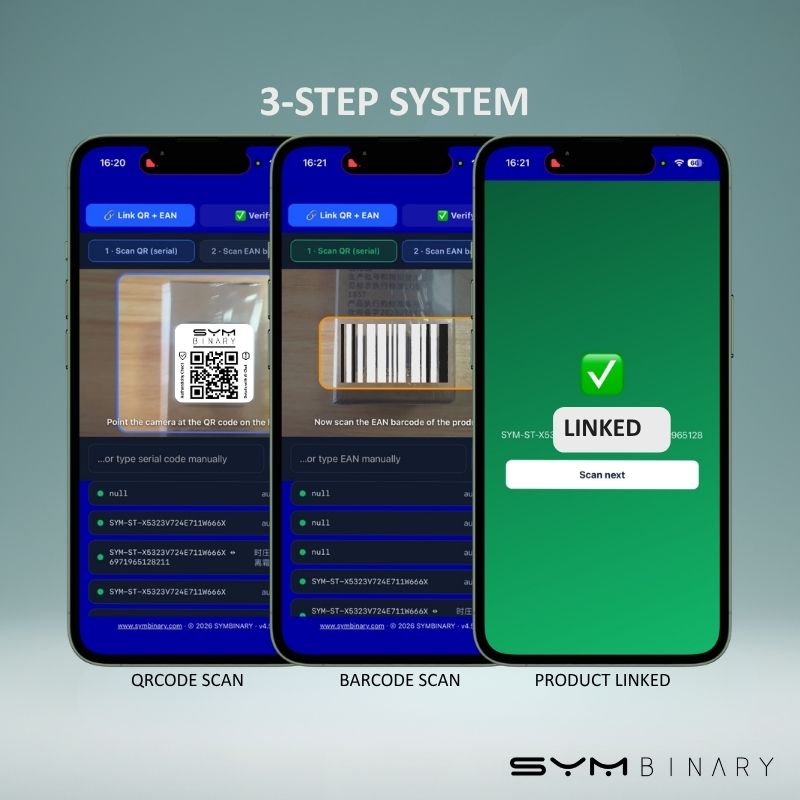 Seller scanning a product QR code to link it to SYMBINARY in seconds